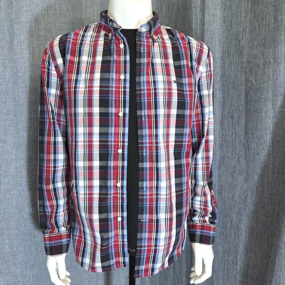 Tommy Hilfiger Flex Poplin Heritage Shirt Men's XL Button Down Red/Blue Plaid